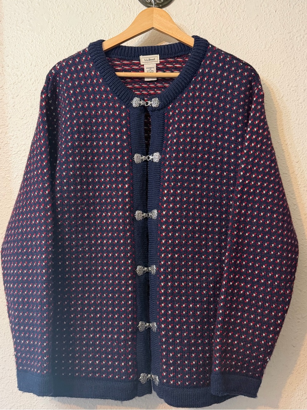 L.L. Bean 100% wool cardigan sweater with silver clasps.